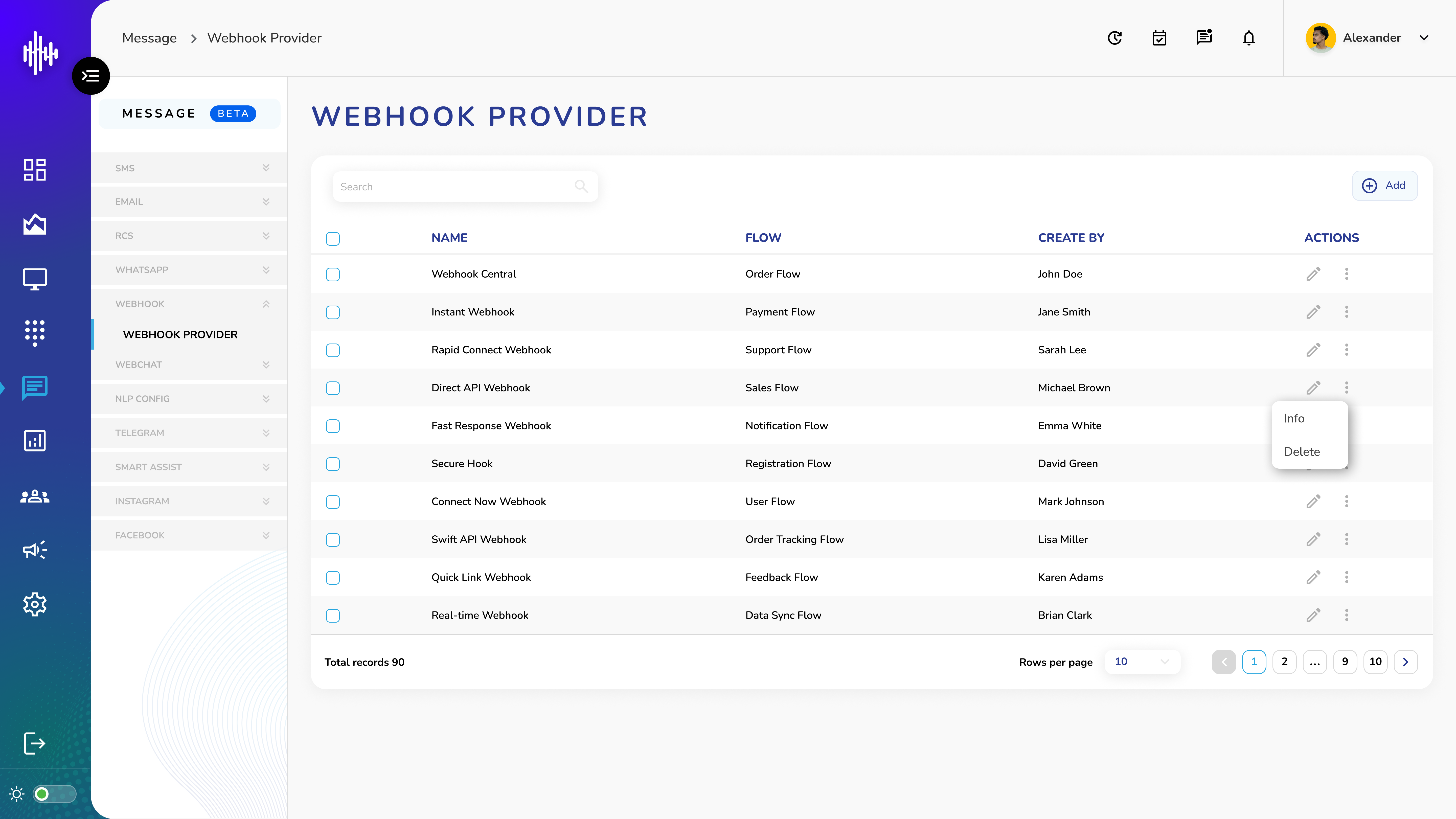 Webhook Provider - Listing Screen